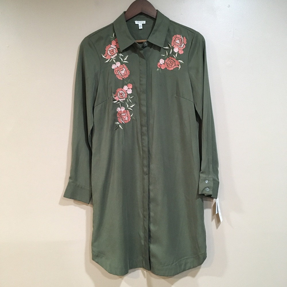 Spense Embroidered Floral Button Up Shirt Dress Womens 8 Green Cottage Coastal